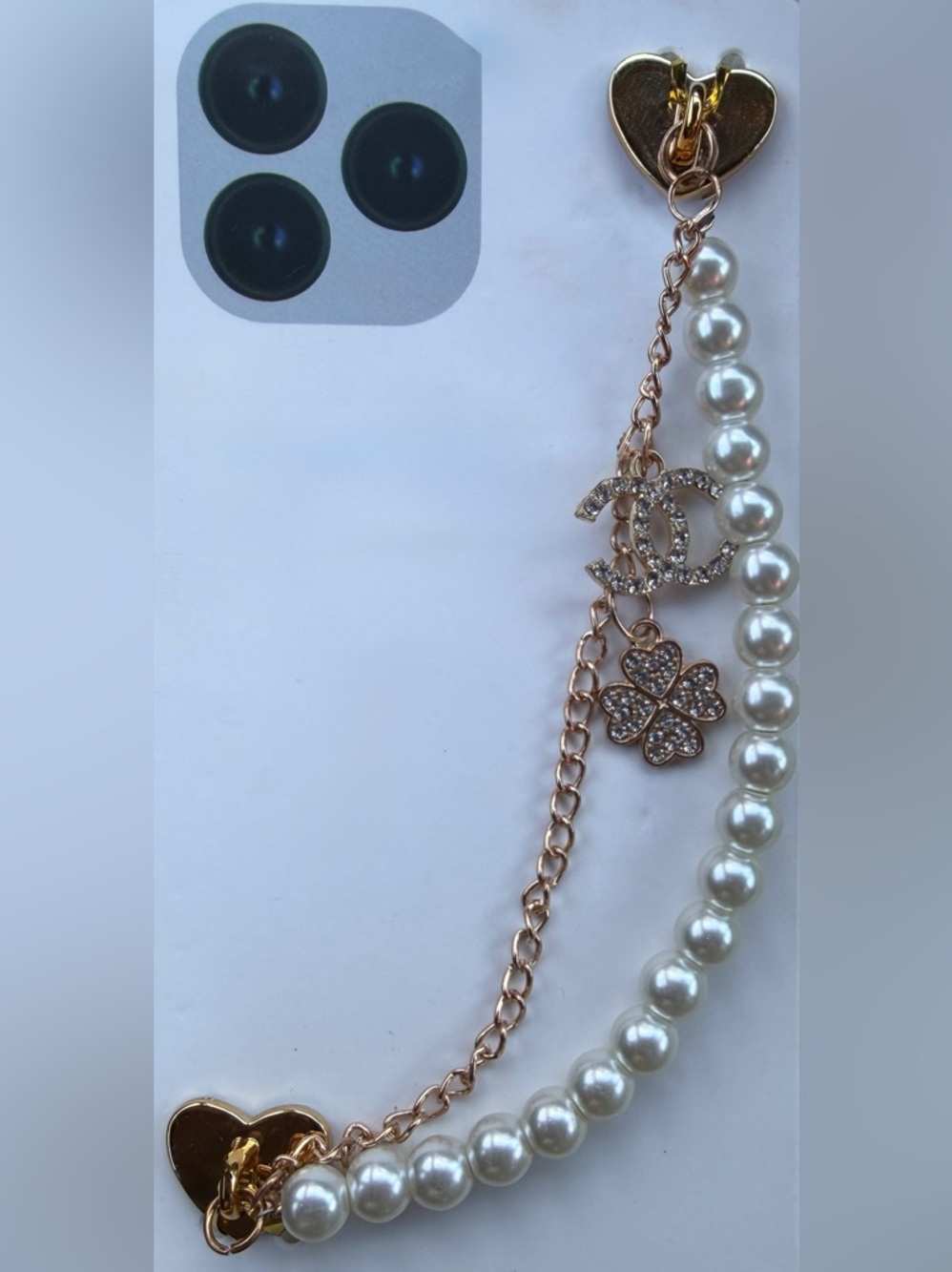 CC Gold Tone Pearl Phone Charm Strap with Crystal Accents